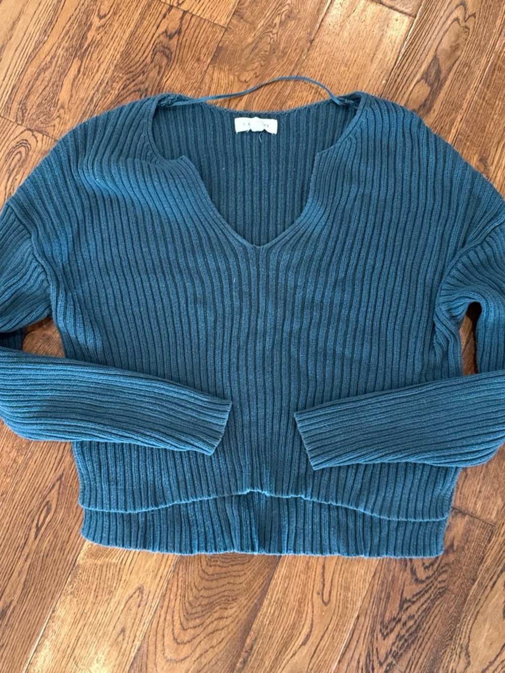 La Hearts Teal Ribbed V-Neck Sweater